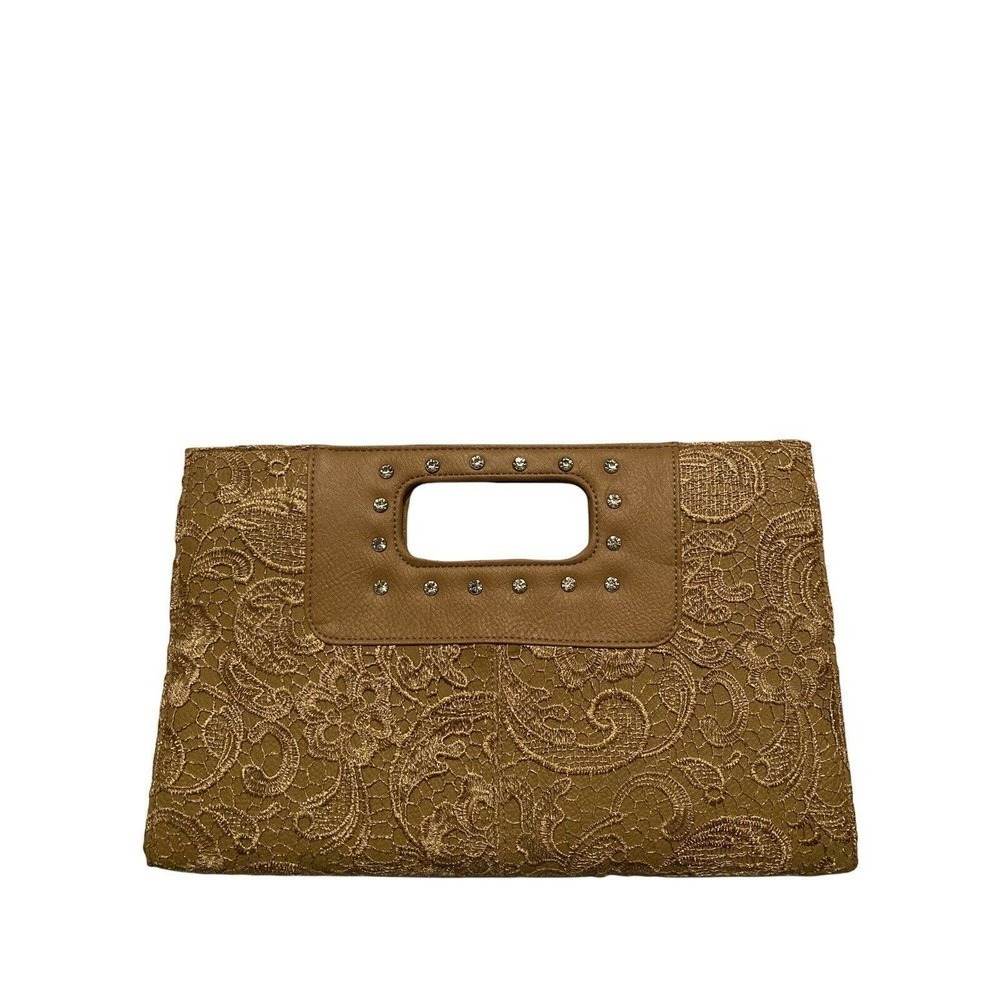Gold & Tan Lace Wrapped Clutch Purse With Rhinestone Embellishments Evening Bag‎